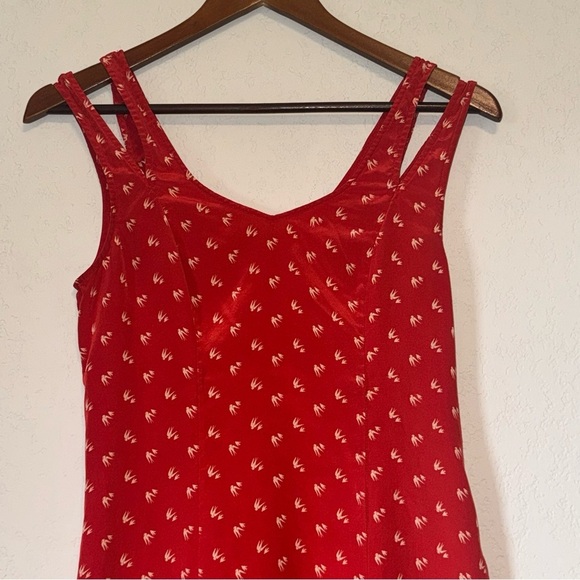 Women's Anthropologie Moulinette Soeurs Scarlet Red Dress with Ivory Bird Motif - Picture 3 of 10